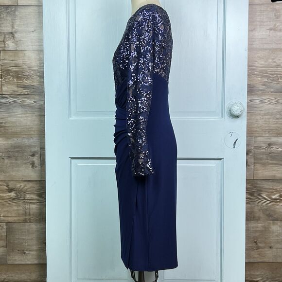 Lauren Ralph Lauren Blue Sequin Cocktail Dress Sheath Long Sleeve Ruched Skirt L - Picture 6 of 16
